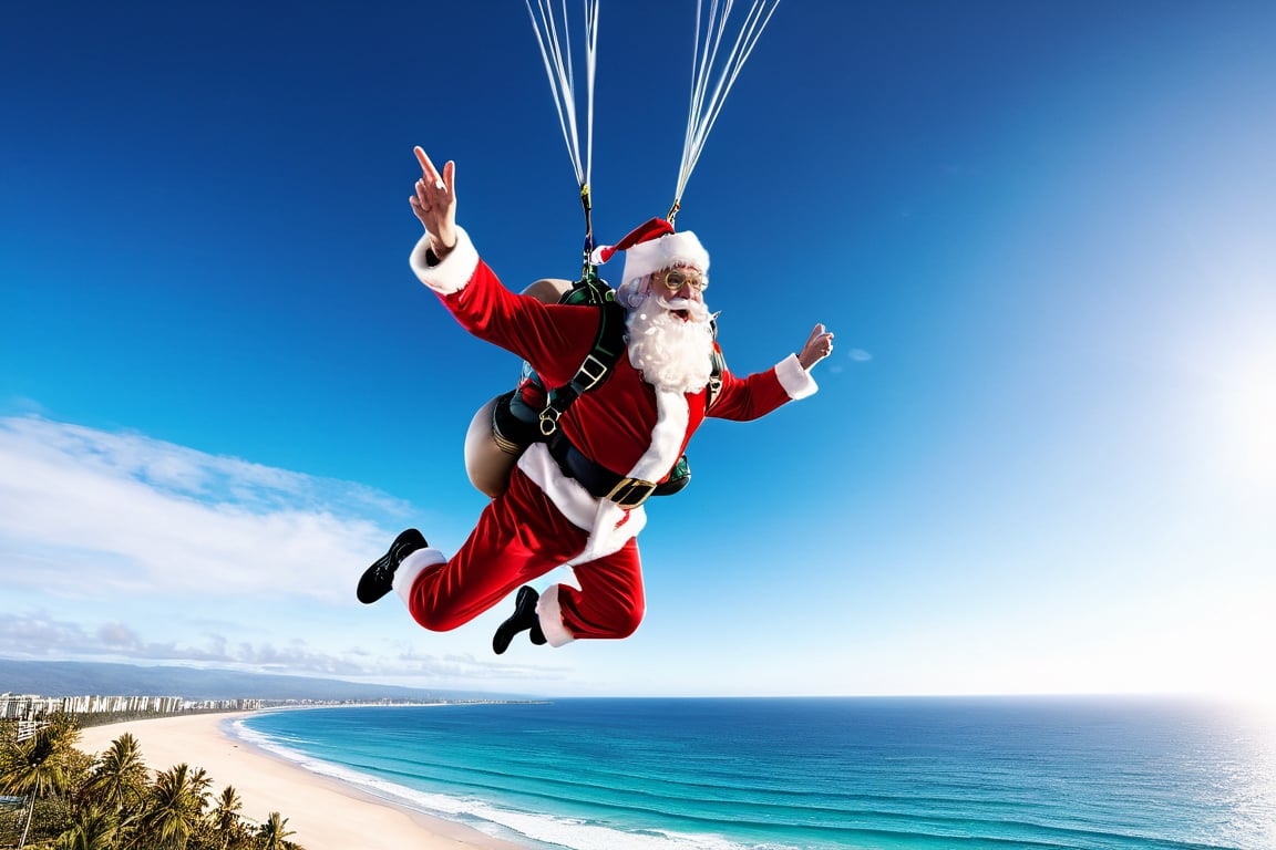 Wide shot of Santa skydiving from high in the air wearing a parachute, goggles and helmet freefalling, above him is his his Santa's sleigh and reindeer below him is a beach with palm trees waves, Photorealistic, cinematic, 8K wallpaper,christmas, SANTA CLAUS