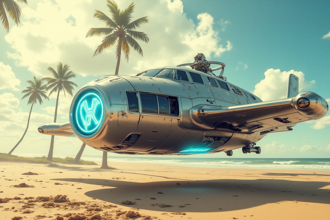 A concept retro-futuristic VW camper van style flying hover ship soars above the sandy beach, its blue glowing antigravity pads aglow as it hovers 4 feet off the ground. Palm trees sway gently in the background, their leaves rustling softly in the breeze. The ship's gleaming metallic surface reflects the warm sunlight, while dynamic lighting casts a radiant glow on the surrounding environment. Intricate details and textures abound, from the ship's vintage-inspired dashboard to the beach's fine grains of sand. In this 3D cinematic masterpiece, Unreal Engine 5 or CryEngine brings the scene to life with unparalleled 8K resolution.