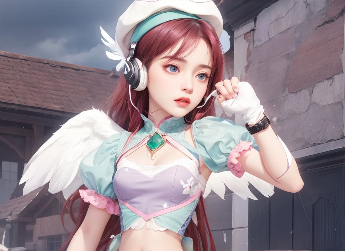 A photo of a serious-faced 14-year-old girl seen in half profile wearing a White headphones in white wing shapes and a white beret with her left fist raised showing her wristwatch, Ray tracing, realistic, dramatic, 14 year old girl, 1girl, solo, ears covered, tiny angel wings, large headphones, White headphones in white wing shapes, Looking ahead, burgundy hair, fringes, bangs, Corrector Yui, serious expression, white headset, blue eyes, closed mouth,  jewelry, closed fist, long hair, midriff, light violet top, navel, emerald puff shoulder pads, two gems on each side of the abdomen, purple wrist white gloves, left fist raised, big wrist watch, cinematic light, high contrast, feathered wings, feathers, beret with two wings on each side, jewelry, long hair, midriff, light violet top, navel, face focus, emerald puff shoulder pads, cinematic angle, cinematic scene, masterpiece, two long bangles, beautiful detailed face, best quality, highres, high detail, standing, houses, building, out doors, cloudy sky, m4d4m,Realism,Vampirella,Purgatori,march 7th \(honkai: star rail\),westworld,