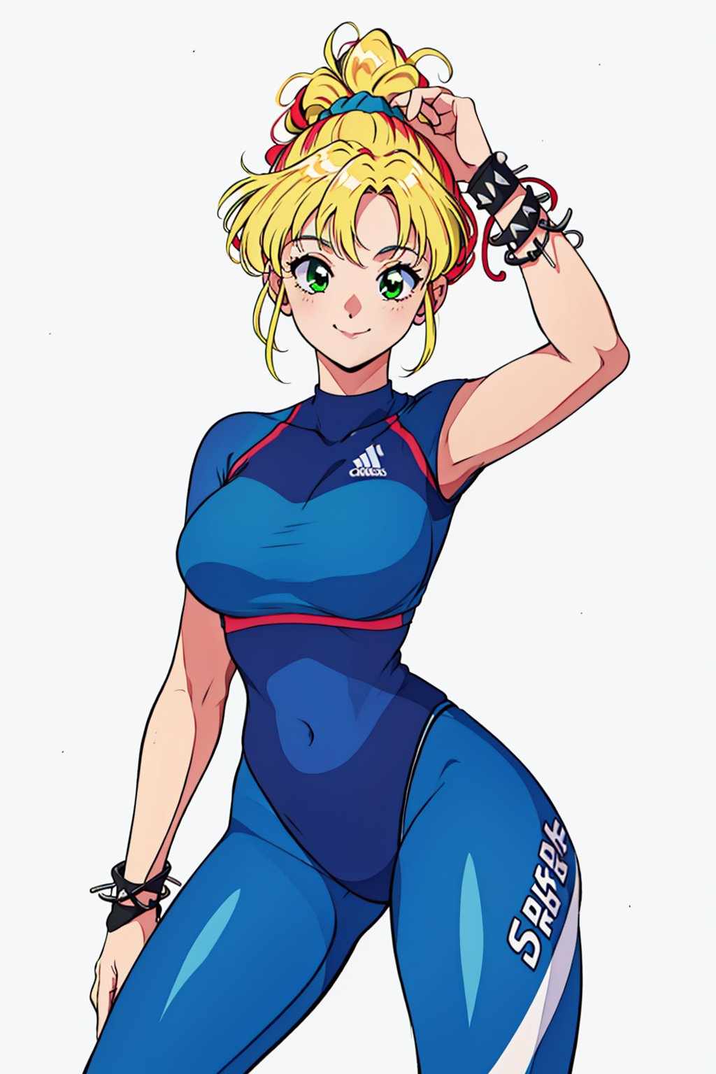 (masterpiece, best quality), a 16 year girl wearing a blue aerobics clothes, 1girl, multicolored hair, blonde hair, two long red bangs, hair up to the neck, green eyes, smile, blue bodysuit, spiked bracelet, sport snickers, Sportswear with a thunder print, thick thighs, contrast, contrapposto, simple_background, smile, solo, white background, 
