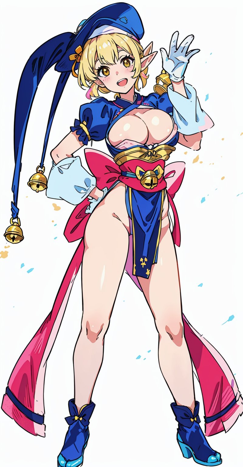 Elf Girl with her right hand on her hips and waving with her left hand, blue outfit with white details, blonde hair, long hair, bangs, tied hair, golden eyes, smiling, open mouth, obi, hot pink obi, short puffy blue sleeves, puffy sleeves, short sleeves, bell hanging above breasts, hat, blue jester cap with gold bells on both ends, no-bra, big breasts, enourmous breasts, big tits, cleavage, revealing clothes, covered nipples, bare hips, red thong, white gloves, white fingerless gloves, White-armed guards, hot pink sash, blue pelvic curtain, large pink bow with a blue band at each end attached to the hips, looking at the viewer, Style of Masami Oobari, elf girl, Studio Gainax Illustration, Studio Gainax Art, original character, simple background, white background,