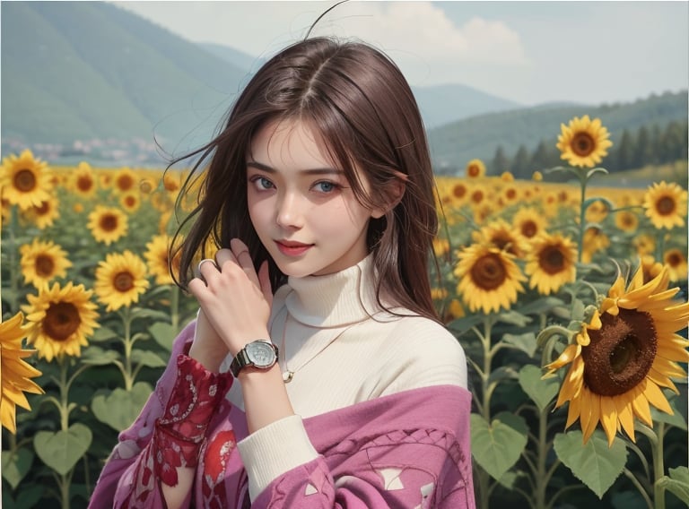 a picture of a 15-year-old girl showing off her large wristwatch in a garden full of sunflowers, Ray tracing, realistic, dramatic, 15 year old girl, 1girl, solo, smile, burgundy hair, fringes, bangs, long hair, looking to the viewer, Corrector Yui, closed mouth, left hand raised, back of hand, left arm lowered, blue eyes, closed mouth, cinematic light, high contrast, pink turtleneck blouse, big purple wrist watch, red poncho, out doors, sunflowers, cinematic angle, garden, blue sky, cinematic scene, masterpiece, long sleeves, two long bangles, beautiful detailed face, beautiful detailed eyes, best quality, highres, high detail, m4d4m,Realism,Vampirella,Purgatori,march 7th \(honkai: star rail\),westworld,