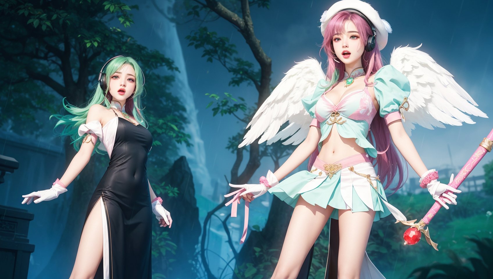 a photo of a 25-year-old woman with green hair headphone and a vlack chinese dress together with a 14-year-old girl standing holding her staff with her left hand wearing her light emerald outfit with some pink details and some white feathers, Ray tracing, realistic, dramatic, 14 year old girl, 2girls, duo, tiny angel wings, burgundy hair, fringes, bangs, Corrector Yui, worried expression, white headset, blue eyes, opened mouth, feathered wings, feathers, thights, two long bangles, beret with two wings on each side, jewelry, long hair, midriff, light violet top, navel, pink staff with two red gems on each end, pink wand with two red gems on each end, emerald puff shoulder pads, two gems on each side of the abdomen, purple wrist white gloves, pink leg ribbon,emerald skirt with several long feathers, 25-year-old girl, surprised expression, opened mouth, forehead jewel, headphone, green hair, long hair curled at the ends, big jewelry necklace, white short sleeved jacket, black chinese dress, big breasts, milf, curvy, cinematic light, high contrast, cinematic angle, cinematic scene, masterpiece, beautiful detailed face, best quality, highres, high detail, standing, half body, rainy sky, castle, tree branches, trees, bush, simple background, m4d4m,Realism,Vampirella,Purgatori,march 7th \(honkai: star rail\),westworld,