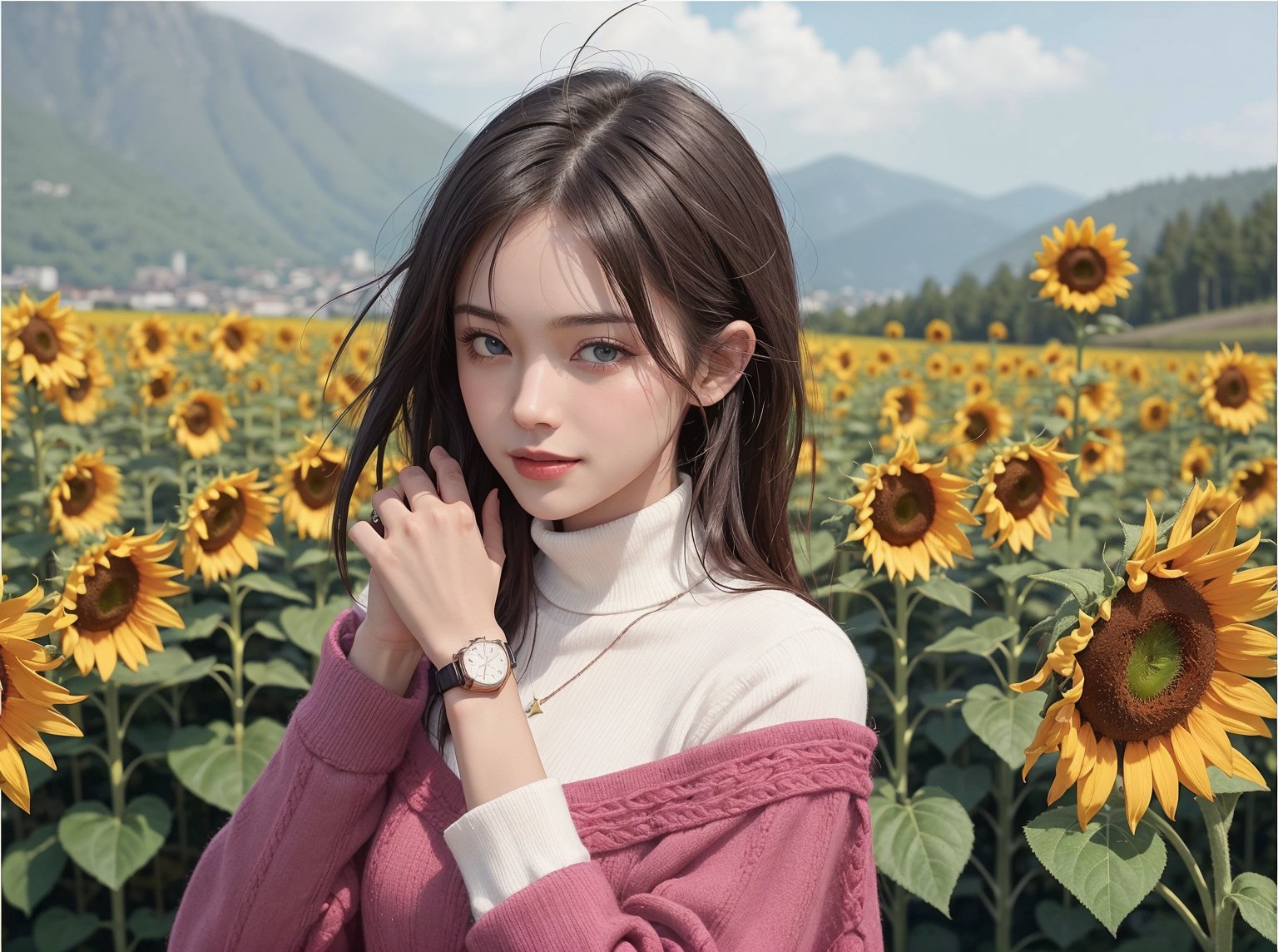 a picture of a 15-year-old girl showing off her large wristwatch in a garden full of sunflowers, Ray tracing, realistic, dramatic, 15 year old girl, 1girl, solo, smile, burgundy hair, fringes, bangs, long hair, looking to the viewer, Corrector Yui, closed mouth, left hand raised, back of hand, left arm lowered, blue eyes, closed mouth, cinematic light, high contrast, pink turtleneck blouse, big purple wrist watch, red poncho, out doors, sunflowers, cinematic angle, garden, blue sky, cinematic scene, masterpiece, long sleeves, two long bangles, beautiful detailed face, beautiful detailed eyes, best quality, highres, high detail, m4d4m,Realism,Vampirella,Purgatori,march 7th \(honkai: star rail\),westworld,