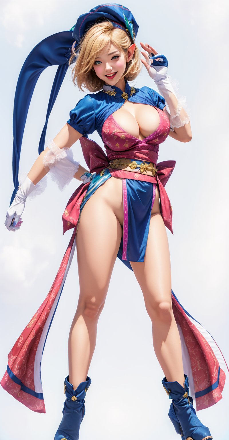 a photo of an elf girl waving, Ray Tracing, realistic, dramatic, 1girl, solo, Elf Girl with her right hand on her hips and waving with her left hand, blue outfit with white details, blonde hair, long hair, bangs, tied hair, golden eyes, smiling, open mouth, obi, hot pink obi, short puffy blue sleeves, puffy sleeves, short sleeves, bell hanging above breasts, hat, blue jester cap with gold bells on both ends, no-bra, big breasts, enourmous breasts, big tits, cleavage, revealing clothes, covered nipples, bare hips, red thong, white gloves, white fingerless gloves, White-armed guards, hot pink sash, blue pelvic curtain, large pink bow with a blue band at each end attached to the hips, cowboy_shot, looking at the viewer, Style of Masami Oobari, elf girl, Studio Gainax Illustration, Studio Gainax Art, original character, simple background, white background,doitstyle,colorful_girl_v2