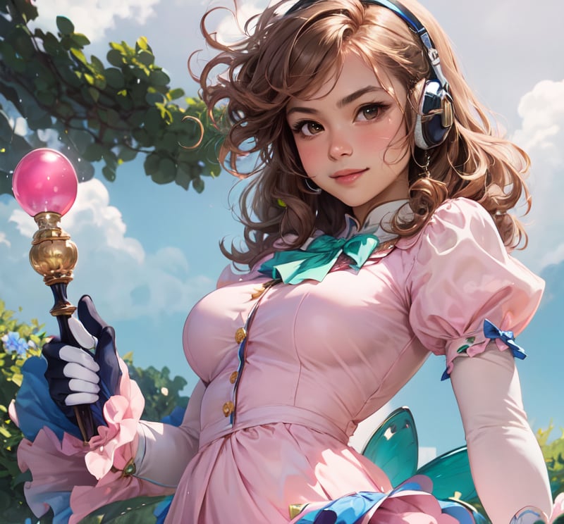 a photo of a magical 14 year girl wearing a pink dress with green gems and blue details on jumping from high, Ray tracing, realistic, realistic, dramatic, dinamic pose, 14 year old girl, 1girl, Corrector Yui, bare legs, light brown hair, antenna hair, brown eyes, detached pink sleeves, juliet sleeves, pink dress, green brooch, serious expression, closed mouth, wavy hair, fringes, jewelry, large breasts, looking at the viewer, magical girl, pink skirt, medium hair, skirt, smile, solo, fairy wings, gloves, headset, long sleeves, miniskirt, short dress, thighs, thick tighs, blue wand, holding wand, ankle boots, wings, white bow, white bowtie, white gloves, puffy sleeves, blue sky, outdoors, tree, half body