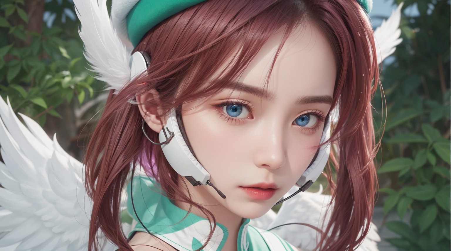 A photo of a serious-faced 14-year-old girl seen in half profile wearing a White headphones in white wing shapes and a white beret, Ray tracing, realistic, dramatic, 14 year old girl, 1girl, solo, ears covered, tiny angel wings, large headphones, White headphones in white wing shapes, burgundy hair, fringes, bangs, Corrector Yui, serious expression, white headset, blue eyes, closed mouth, cinematic light, high contrast, feathered wings, feathers, beret with two wings on each side, jewelry, long hair, midriff, light violet top, navel, face focus, emerald puff shoulder pads, cinematic angle, cinematic scene, masterpiece, two long bangles, beautiful detailed face, best quality, highres, high detail, standing, face, bush, wall, m4d4m,Realism,Vampirella,Purgatori,march 7th \(honkai: star rail\),westworld,