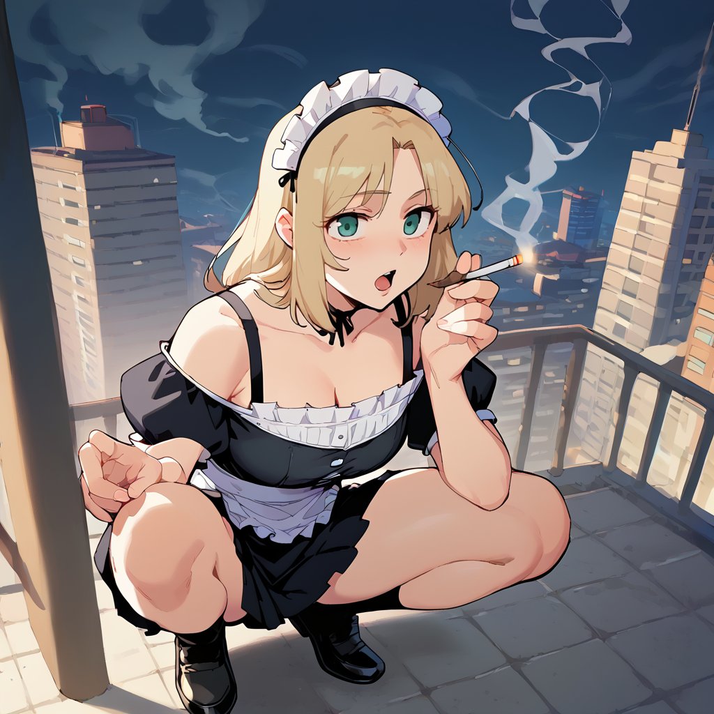 (score_9,score_8_up,score_7_up,score_6_up,score_5_up,score_4_up),1girl, female,cigarette,sloppy open mouth,maid outfit,maid headdress,squatting,on the roof of a building,skyscraper in tokyo,(smoke),(smoking:1.2),from above,solo,best quality,masterpiece,SyrupyyyArt,mobwoojin