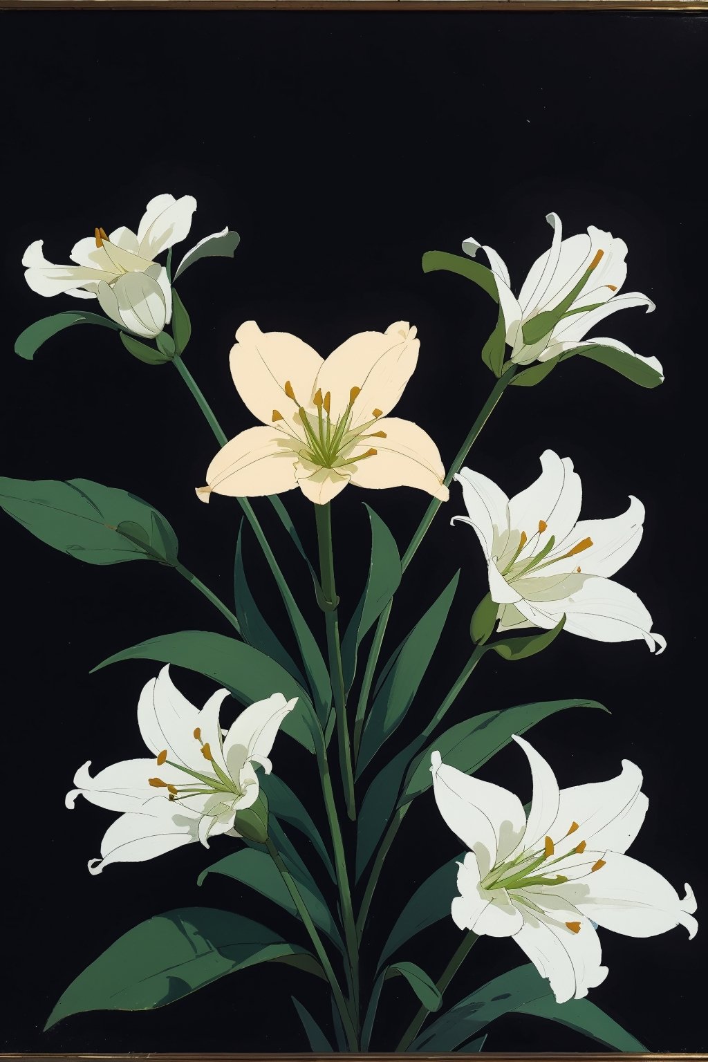 beautiful lillies flowers, black background, flower, oil painting
