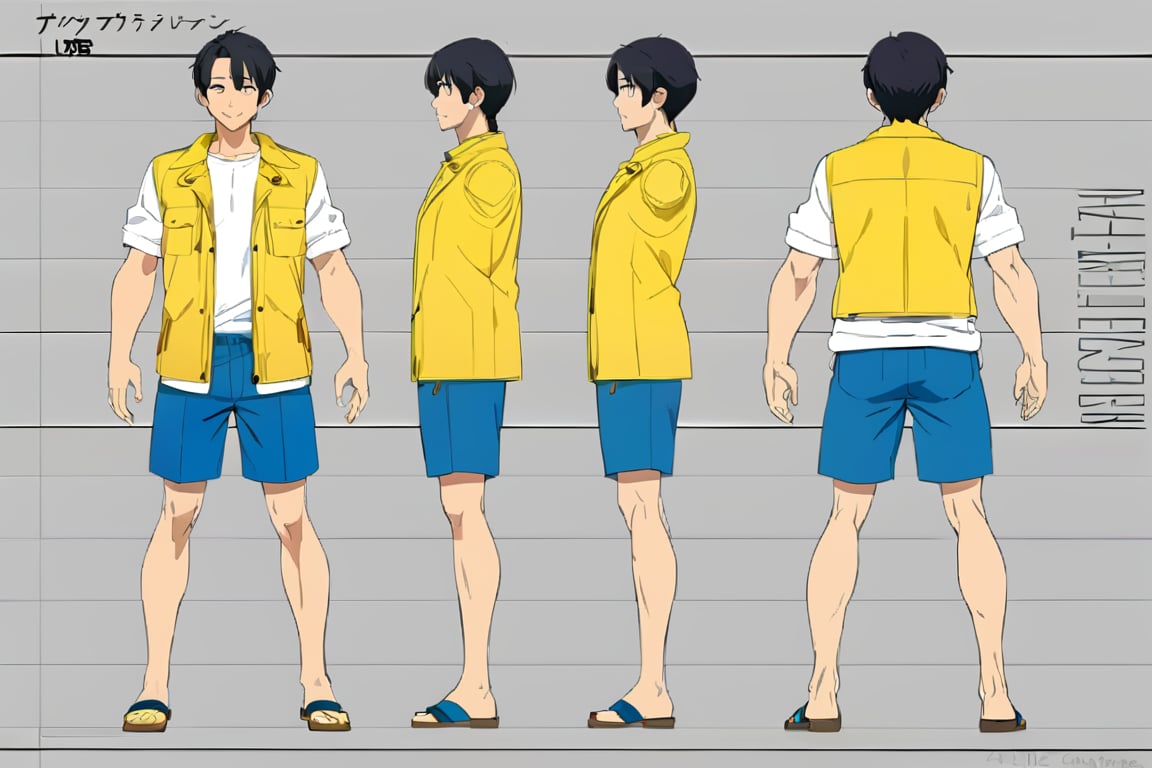 (masterpiece, best quality), boy, black hair, white shirt, yellow jacket, blue shorts, blue sandale, simple backgound, 

character sheet, model sheet, turnaround, multiple views of the same character,


 character sheet, model sheet, turnaround, multiple views of the same character
,multiple views of the same character