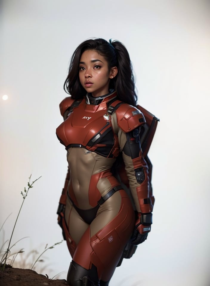 Highly detailed RAW color Photo, Rear Angle, Full Body, of (female space soldier, wearing vivid dark red and white space suit, helmet, tined face shield, re-breather, accentuated booty), outdoors, (looking up at advanced alien structure), toned body, big butt, (sci-fi), (mountains:1.1), (lush green vegetation), (two moons in sky:0.8), (highly detailed, hyperdetailed, intricate), (lens flare:0.7), (bloom:0.7), particle effects, raytracing, cinematic lighting, shallow depth of field, photographed on a Sony a9 II, 50mm wide-angle lens, sharp focus, cinematic film still from Gravity 2013, (NSFW)