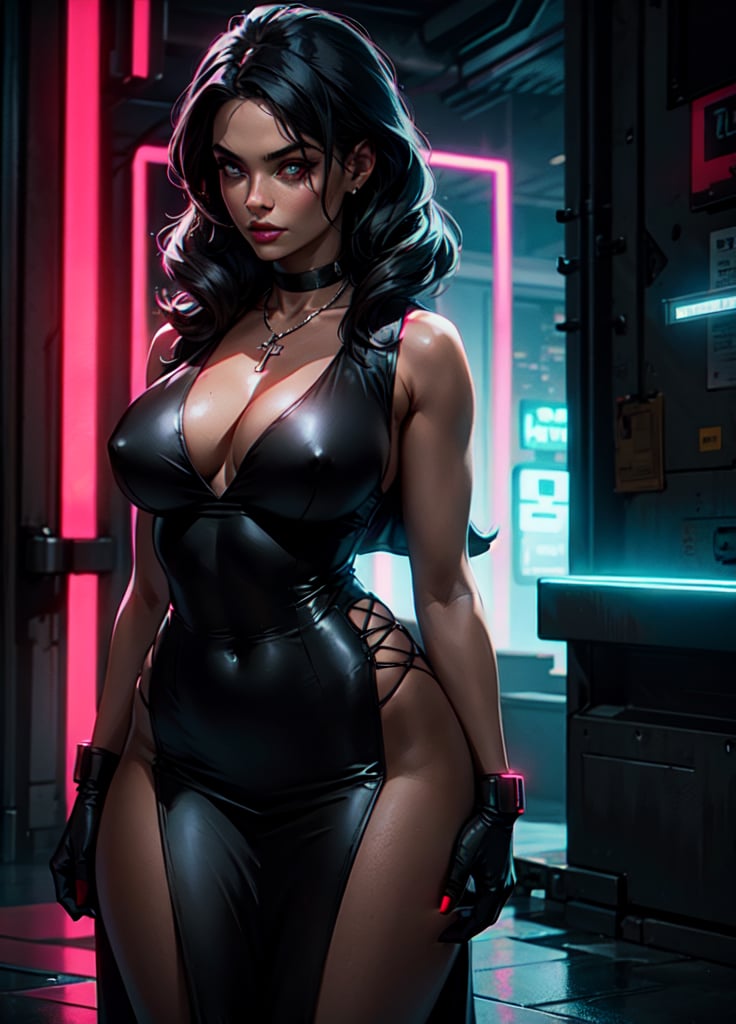 3Dmm, NeonNoir, female woman standing solitary under a subtle red neon glow wearing designer vest, suit trousers, neon night city, dark studiomasterpiece,best quality,3dmm style,1girl, 
solo,  necklace, covered nipples, 
large breasts,  cleavage, side slit, cross necklace, 
black hair, looking at viewer, dress, thighs,  lips, 
curvy 