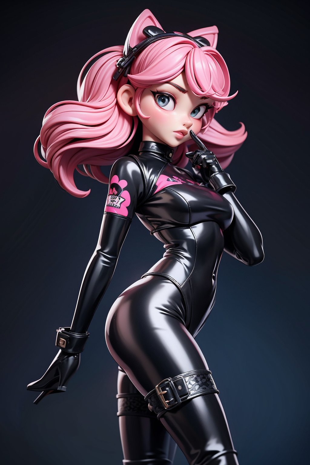 3dmm style, (masterpiece, best quality), intricate details, 1girl, solo, bea \pink hair,  black bodysuit, latex bodysuit under clothes, single glove, print shorts, ,high heel full lace boots latex, cowboy shot, looking at viewer
