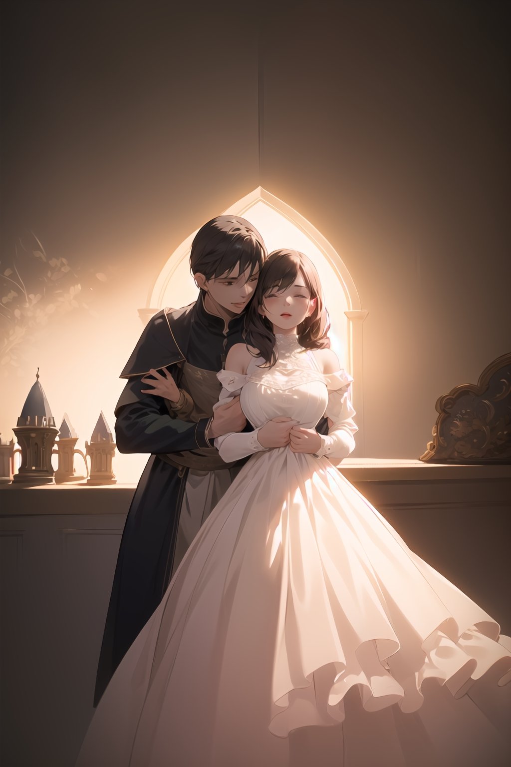((Cinematic)), (extremely detailed fine touch:1.2),(masterpiece), (best quality), (concept art), a woman hugged by a man from behind romantically, (medieval modest clothing), expressive, smooth lighting,art, illustration, romantic background, castle, bedroom, soft blending, loose lines, smooth shadow, milf, centered,High detailed, sweet couple, romantic