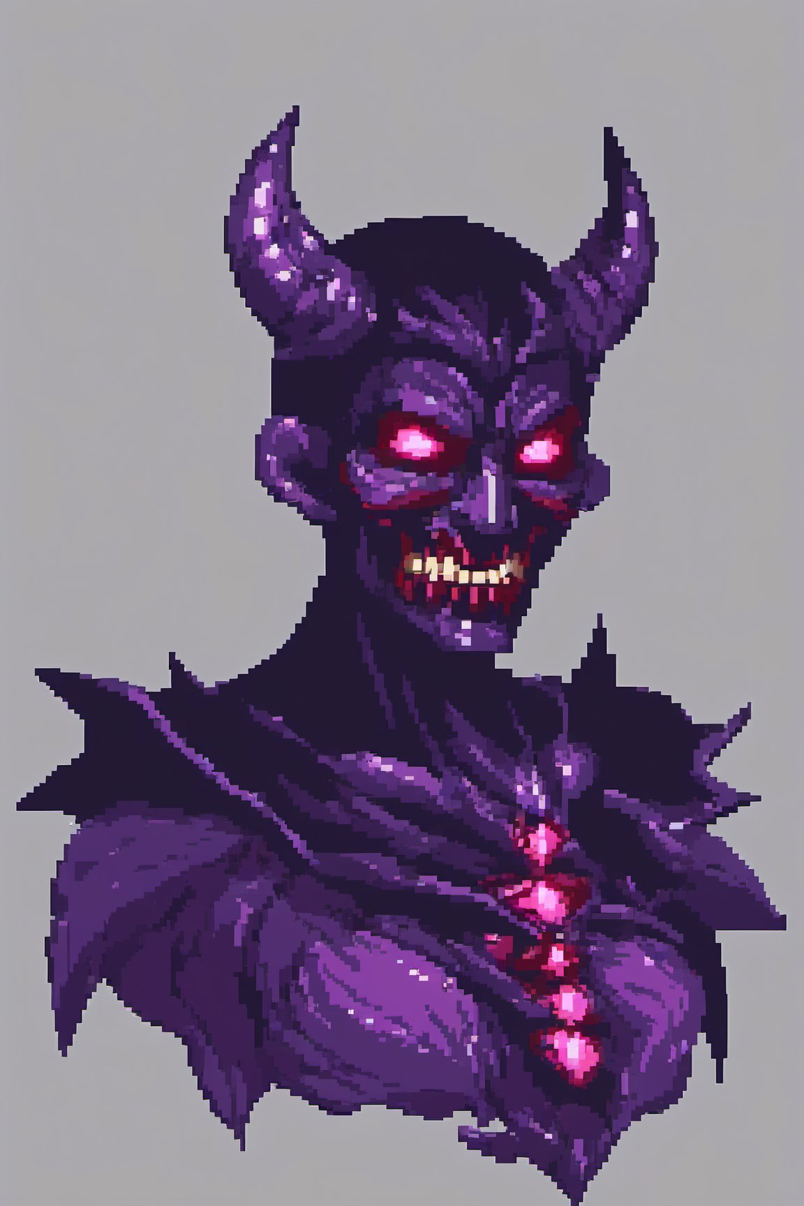 (best quality, masterpiece), pixel art dark and purple demonic mask, dark glowing particles effect, front view