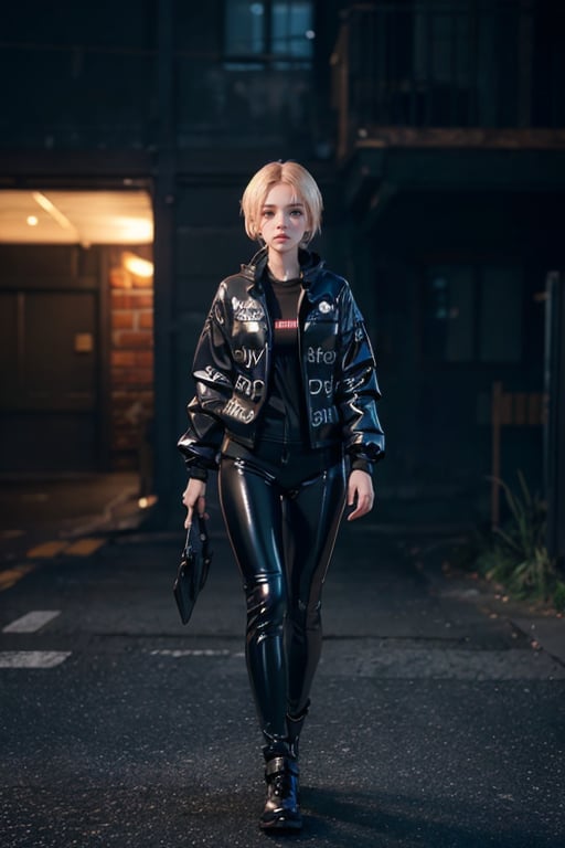 a 20 yo woman, blonde, (full body), dark theme, soothing tones, muted colors, high contrast, (natural skin texture, hyperrealism, soft light, sharp),weiboZH,latex bikesuit,3DMM,fate/stay background,EnvyBeautyMix23,pixel art,drip jacket