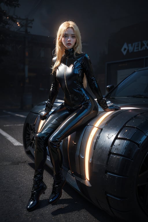 a 20 yo woman, blonde, (full body), dark theme, soothing tones, muted colors, high contrast, (natural skin texture, hyperrealism, soft light, sharp),weiboZH,latex bikesuit,3DMM,fate/stay background