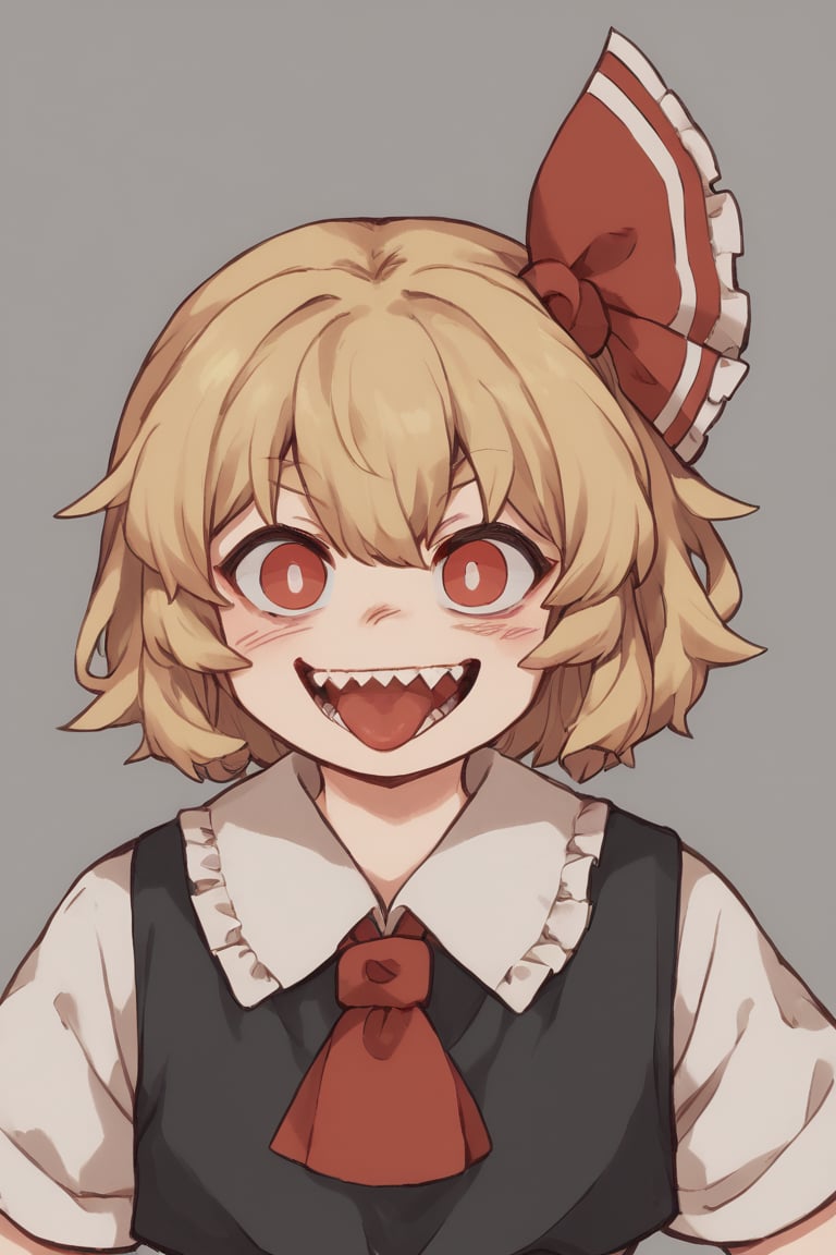 score_9, score_8_up, score_7_up, 1girl, rumia, black vest, white shirt, black skirt, blonde hair, red eyes, red ascot, hair ribbon, collared shirt, sharp teeth, open mouth, teeth, smile, grin, tongue, looking at viewer, rattakoi_(style), upper body, (embedding:DeepNegativev1:1.1)