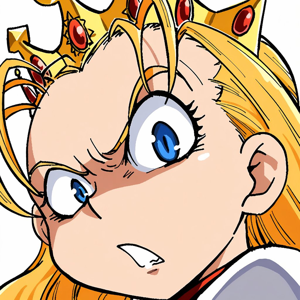 1girl, devilot_de_deathsatan, blonde hair, blue eyes, long hair, forehead, crown, long white dress, flared long sleeves, simple background, close-up