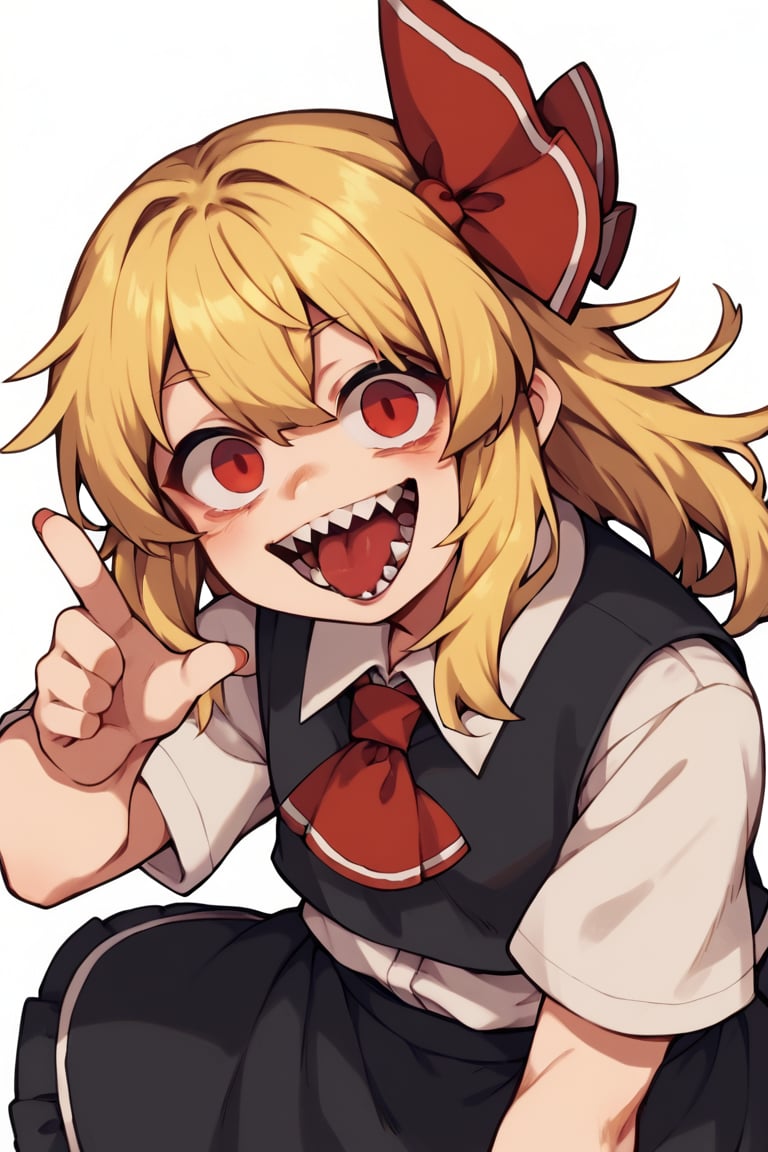 score_9, score_8_up, score_7_up, 1girl, rumia, black vest, white shirt, black skirt, blonde hair, red eyes, red ascot, hair ribbon, collared shirt, sharp teeth, open mouth, teeth, smile, grin, tongue, looking at viewer, rattakoi_(style), (embedding:DeepNegativev1:1.1)