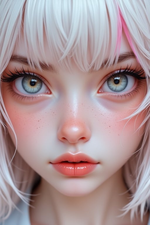 Hyperrealism, extreme close-up Portrait of a beautiful, stunning unique female character. She is 18 years old,  has large grey eyes filled with joy and excitement, extravagant eyelashes, white hair with pink streaks in a Bob with Bangs Hairstyle making this image a masterpiece of photography and digital art. Style: realistic hyper-detailed rendering, 32k UHD, expressive eyes, graphic design, front view, pretty and cute, gleaming lips, white skin. Exuding sexyness, confidence and serenity.