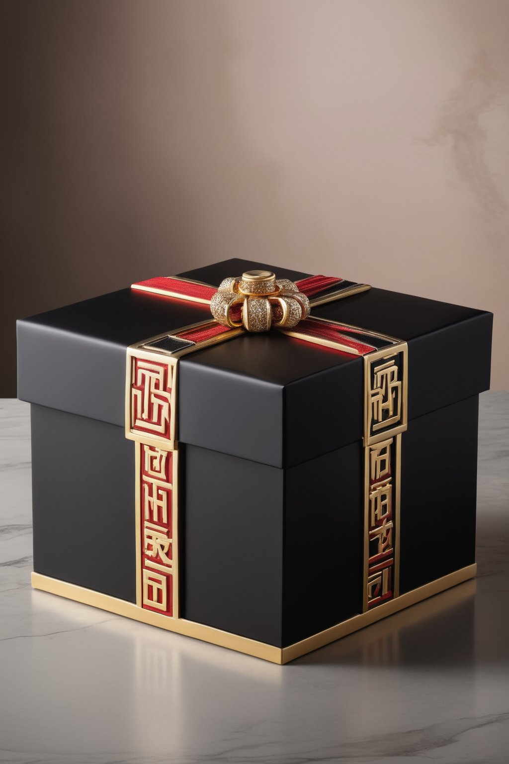 A majestic black gift box adorned with antique flair, in its surface is written "TA 1Y" in shimmering golden letters. A striking red topknot adorns the lid, adding a pop of vibrant color to the overall design. The box itself is crafted with meticulous attention to detail, showcasing a hyper-realistic finish that invites tactile exploration. Against a dark background, the box's intricate details and rich textures leap forth in high-definition glory over a modern table, soft light from above