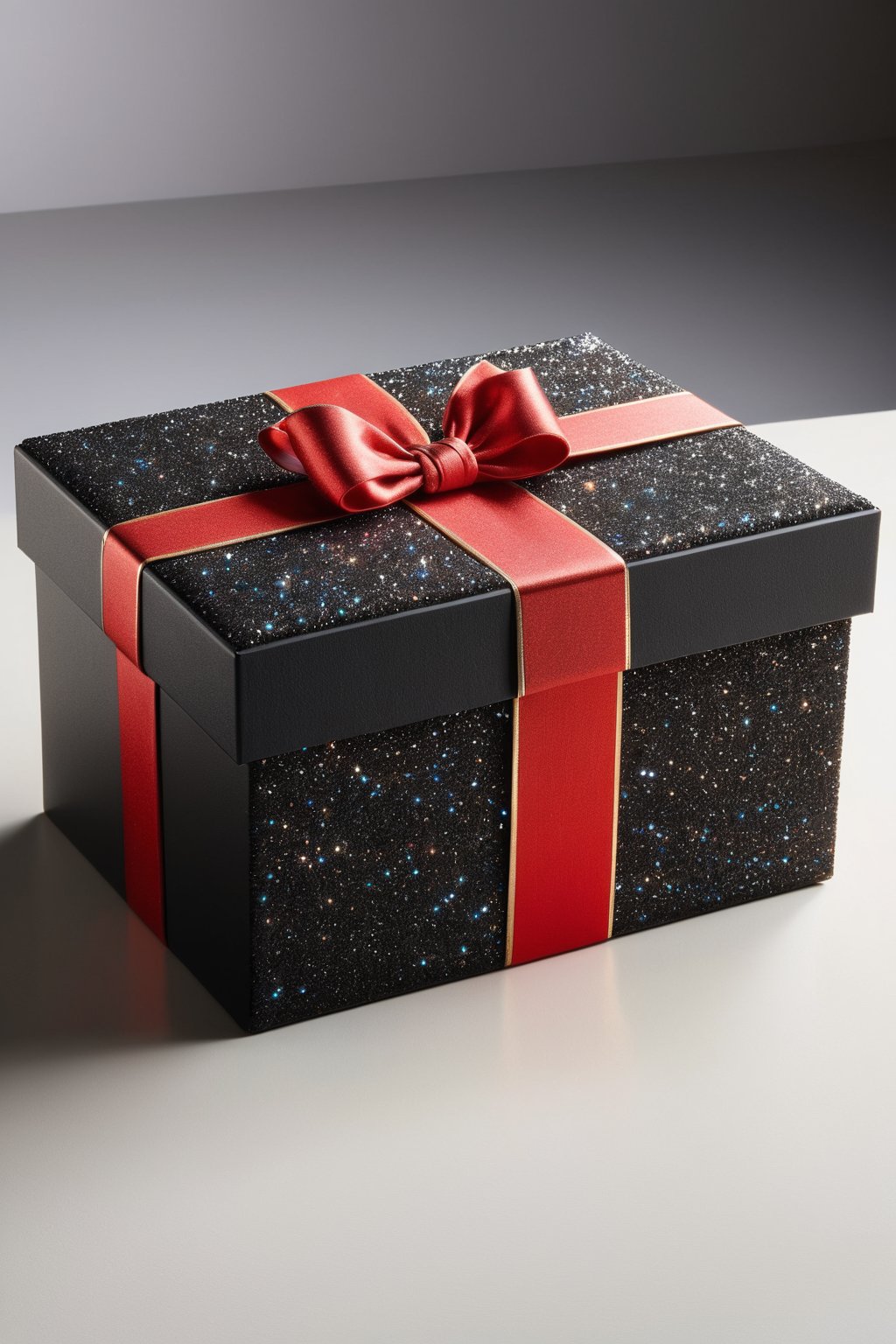 A majestic black gift box adorned with antique flair, in its top a note with the text ("TA 1 Year":1.5) in black thick letters. A striking red topknot adorns the lid, adding a pop of vibrant color to the overall design. The box itself is crafted with meticulous attention to detail, showcasing a hyper-realistic finish that invites tactile exploration. Against a dark background, the box's intricate details and rich textures leap forth in high-definition glory over a modern table, soft light from above,glitter