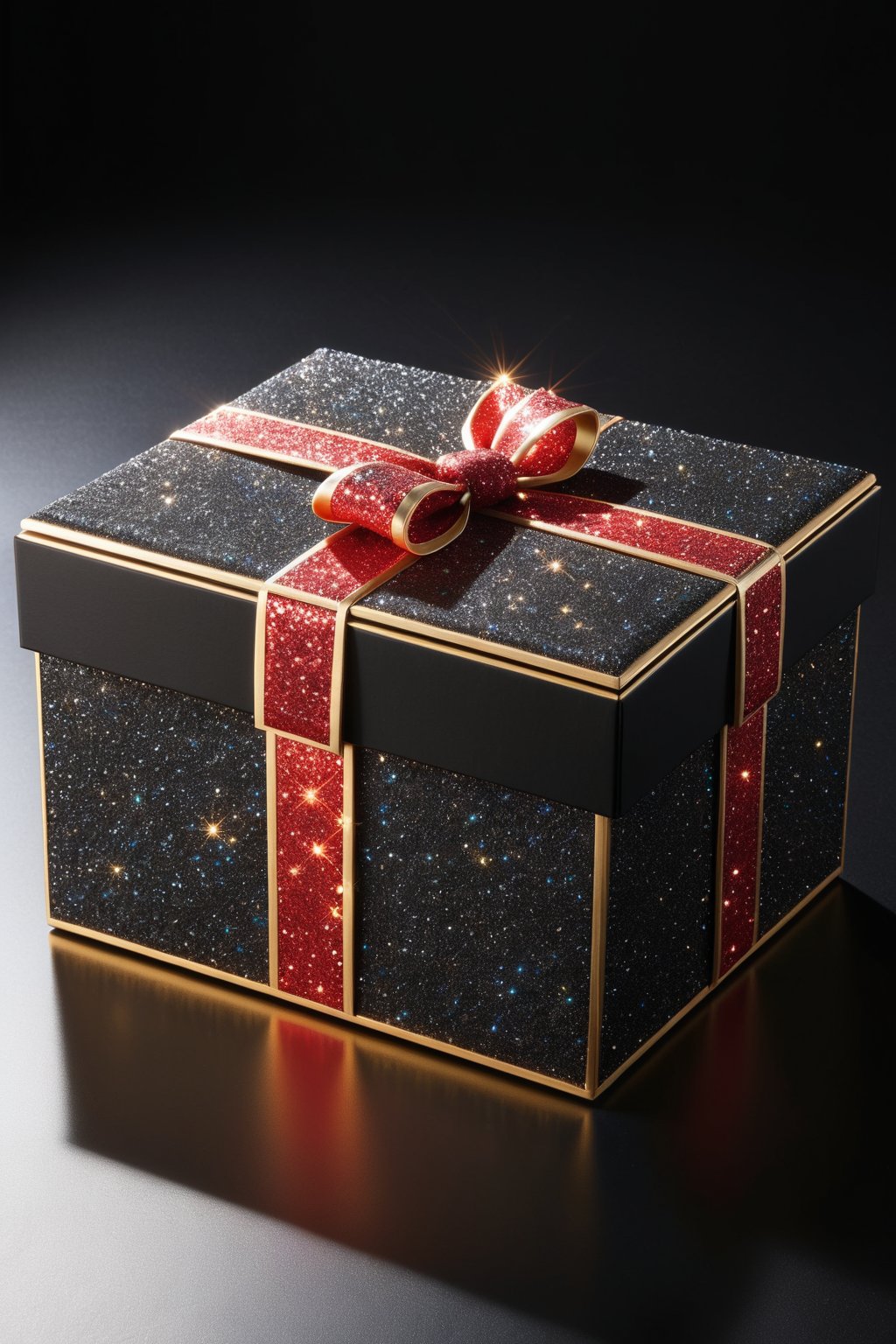 A majestic black gift box adorned with antique flair, in its top a note with the text ("TA 1 Year":1.5) in black thick letters. A striking red topknot adorns the lid, adding a pop of vibrant color to the overall design. The box itself is crafted with meticulous attention to detail, showcasing a hyper-realistic finish that invites tactile exploration. Against a dark background, the box's intricate details and rich textures leap forth in high-definition glory over a modern table, soft light from above,glitter