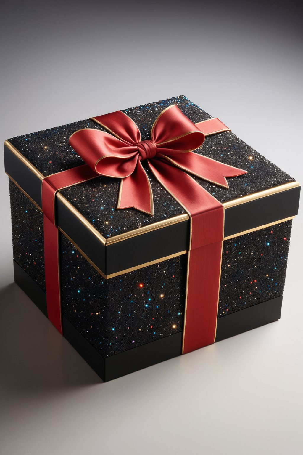 A majestic black gift box adorned with antique flair, a note in the front with the text ((("TA 1 year"))) . A striking red topknot adorns the lid, adding a pop of vibrant color to the overall design. The box itself is crafted with meticulous attention to detail, showcasing a hyper-realistic finish that invites tactile exploration. Against a dark background, the box's intricate details and rich textures leap forth in high-definition glory over a modern table, soft light from above,glitter