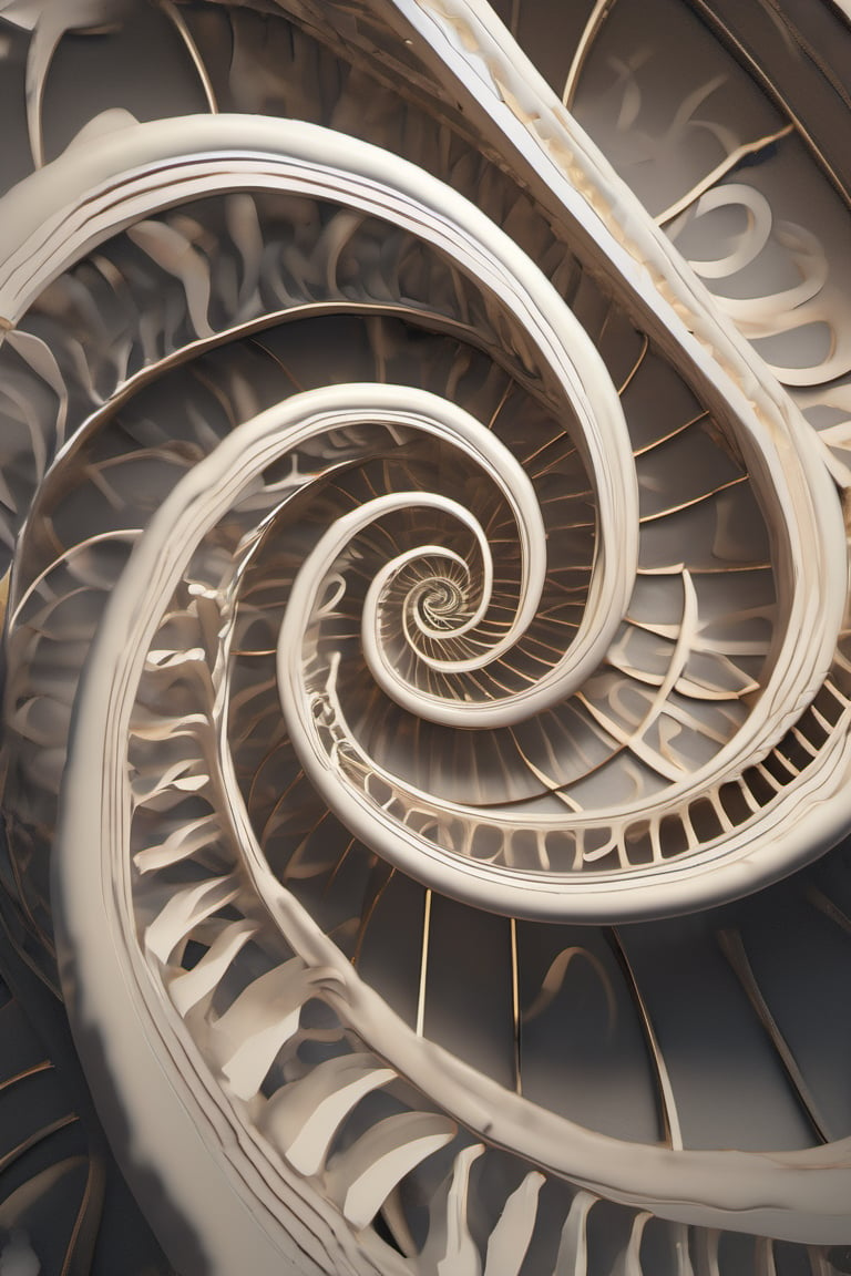 A mesmerizing close-up shot of the Fibonacci spiral's intricate curves, illuminated from directly above with intense light that accentuates each delicate twist and turn. The hyperrealistic rendering plunges the viewer into a world of mathematical elegance, as if the spiral is hovering suspended in mid-air. HD, modern art, excelent rendering