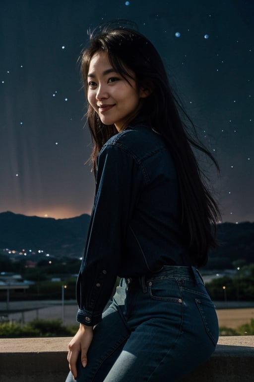 indoors, knees,  'jeans', blouse, 'korean woman',  shy smile,  Light Brown Eyes,  'black hair',  ('night sky in the background':1.5),  'side hard Light', 'hard Light from the side'