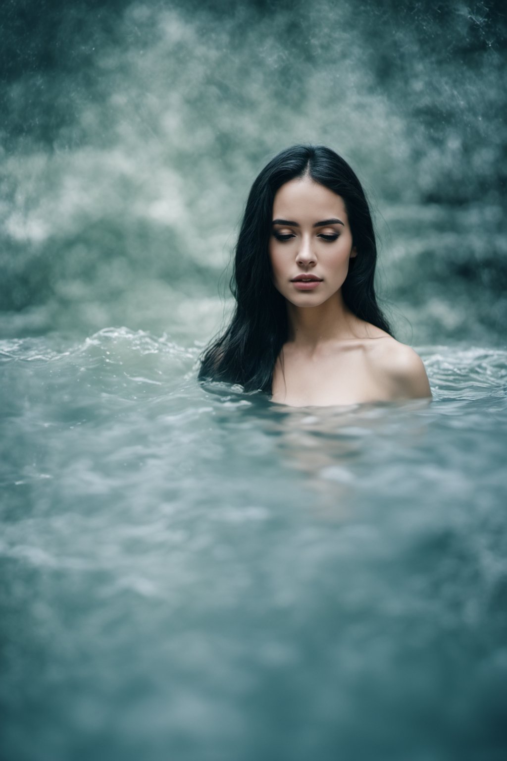 Photography, Portrait, Young woman, Frame: Close-up portrait. Scene: The woman is submerged in a waterfall, her reflection adding an ethereal touch. Details: She wears flowing fabric that floats in the water. Style: Artistic portrait portraying serenity and a connection with nature.  (full body shot) Artist: Ava Williams. Camera Model: Sony Alpha 1. Parameters: 8K UHD.