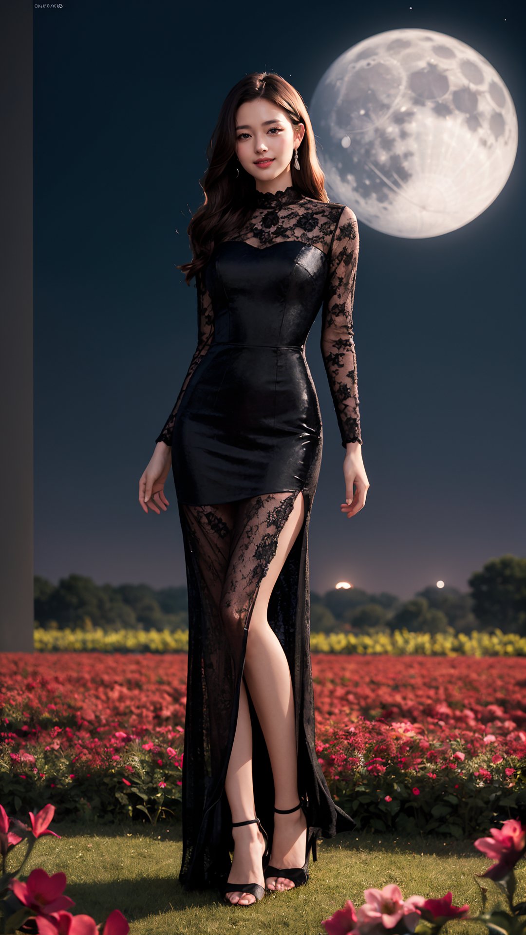 Best quality, masterpiece, photorealistic, ultra high res, 8K raw photo, 1girl, beautifull face, long black hair, long transparent lace dress, luxury dress, high heels, smiling, standing on flower field, in the night time, moonlight, full-body_portrait, detailed skin, pore, low angle, detailed background, dim lighting, finely detailed, 8k uhd, dslr