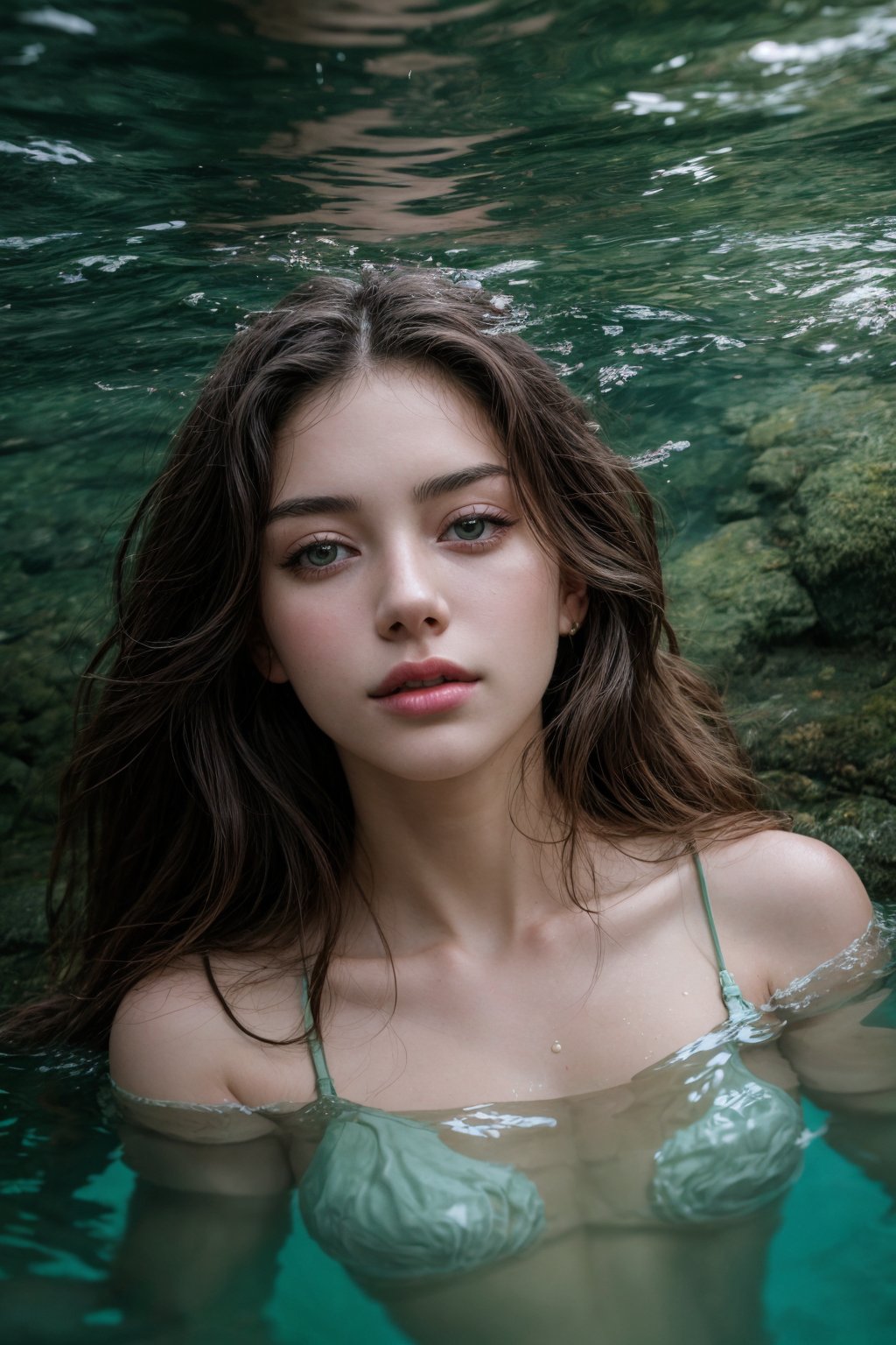 Photography, Portrait, Young woman, Frame: Close-up portrait. Scene: The woman is submerged in a waterfall, her reflection adding an ethereal touch. Details: She wears flowing fabric that floats in the water. Style: Artistic full body shot, portrait portraying serenity and a connection with nature. Artist: Ava Williams. Camera Model: Sony Alpha 1. Parameters: 8K UHD.