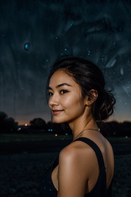 photoshot, feed 'gwon', 'women',  shy smile,  Light Brown Eyes,  'black hair',  ('night sky in the background':1.5),  'side hard Light', 'hard Light from the side'