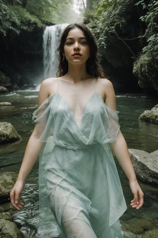 Photography,  Portrait,  Young woman,  Frame: Close-up portrait. Scene: The woman is submerged in a waterfall,  her reflection adding an ethereal touch. Details: She wears flowing fabric that floats in the water. Style: Artistic portrait portraying serenity and a connection with nature.  (full body shot) Artist: Ava Williams. Camera Model: Sony Alpha 1. Parameters: 8K UHD., , , 