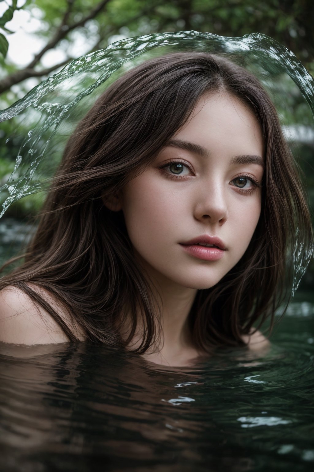 Photography, Portrait, Young woman, Frame: Close-up portrait. Scene: The woman is submerged in a waterfall, her reflection adding an ethereal touch. Details: She wears flowing fabric that floats in the water. Style: Artistic portrait portraying serenity and a connection with nature.  (full body shot) Artist: Ava Williams. Camera Model: Sony Alpha 1. Parameters: 8K UHD.