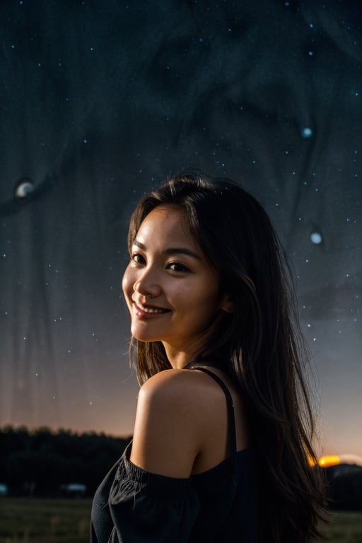 photoshot, 'light gwon', 'woman',  shy smile,  Light Brown Eyes,  'black hair',  ('night sky in the background':1.5),  'side hard Light', 'hard Light from the side'