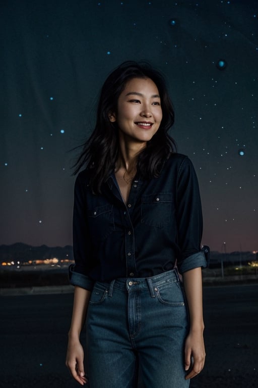 indoors, knees,  'jeans', 'transparent blouse', 'korean woman',  shy smile,  Light Brown Eyes,  'black hair',  ('night sky in the background':1.5),  'side hard Light', 'hard Light from the side'