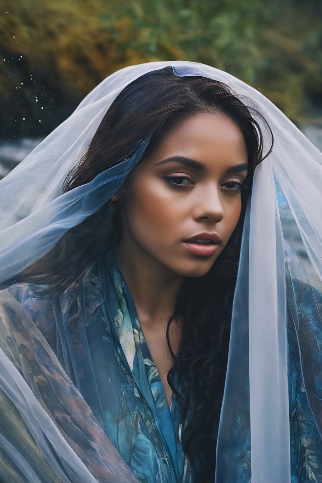 Photography, Portrait, Young woman, Frame: Close-up portrait. Scene: The woman is submerged in a waterfall, her reflection adding an ethereal touch. Details: She wears flowing fabric that floats in the water. Style: Artistic portrait portraying serenity and a connection with nature.  (full body shot) Artist: Ava Williams. Camera Model: Sony Alpha 1. Parameters: 8K UHD.