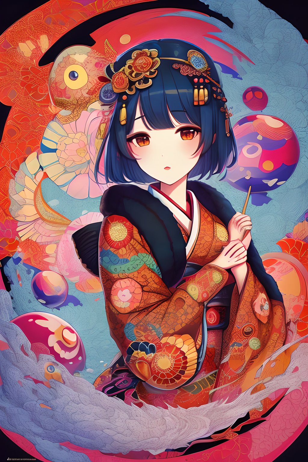 a geisha girl, intricate ornamentation, detailed illustration, Unity render, blending the styles of William Morris and Takashi Murakami