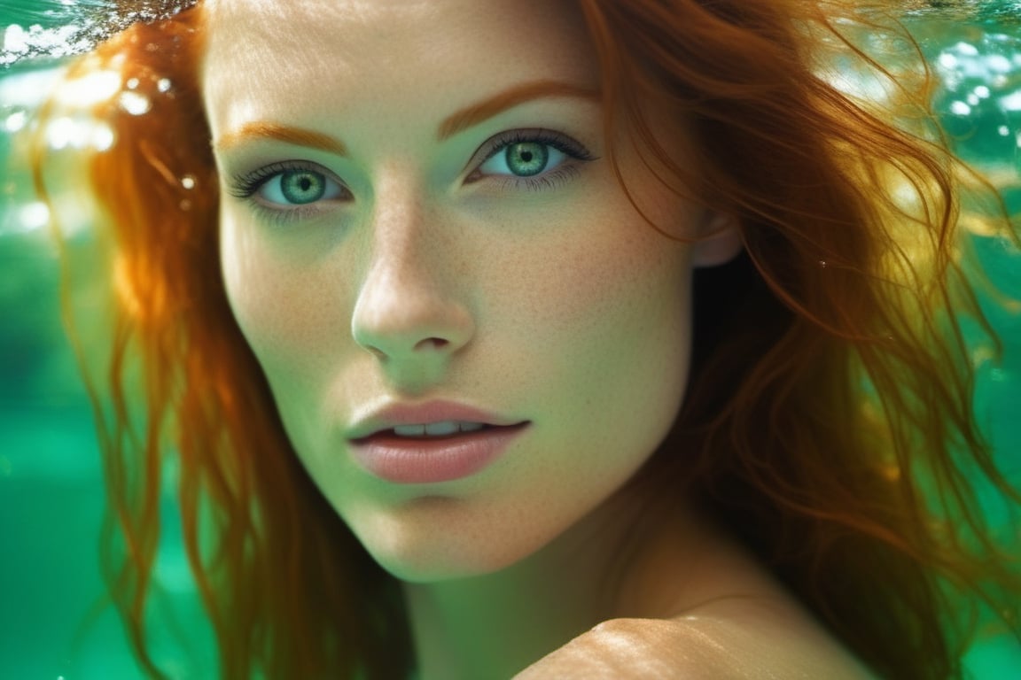 The most stunningly beautiful realistic upper body front facing photo of a incredibly sexy redhead female, sparkling detailed green eyes, suductivly starring at veiwer, thin lips, upper teeth showing,prefect teeth, girl next door look, hyper detailed face and eyes, ,photo of perfecteyes eyes,photo r3al,underwater,girl