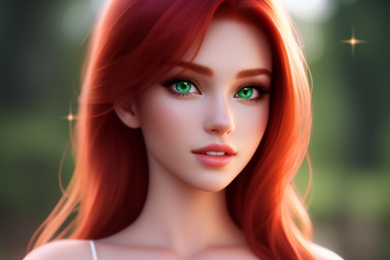 The most stunningly beautiful realistic upper body front facing photo of a incredibly sexy redhead female, sparkling detailed green eyes, suductivly starring at veiwer, thin lips, upper teeth showing,prefect teeth, girl next door look, hyper detailed face and eyes, ,photo of perfecteyes eyes