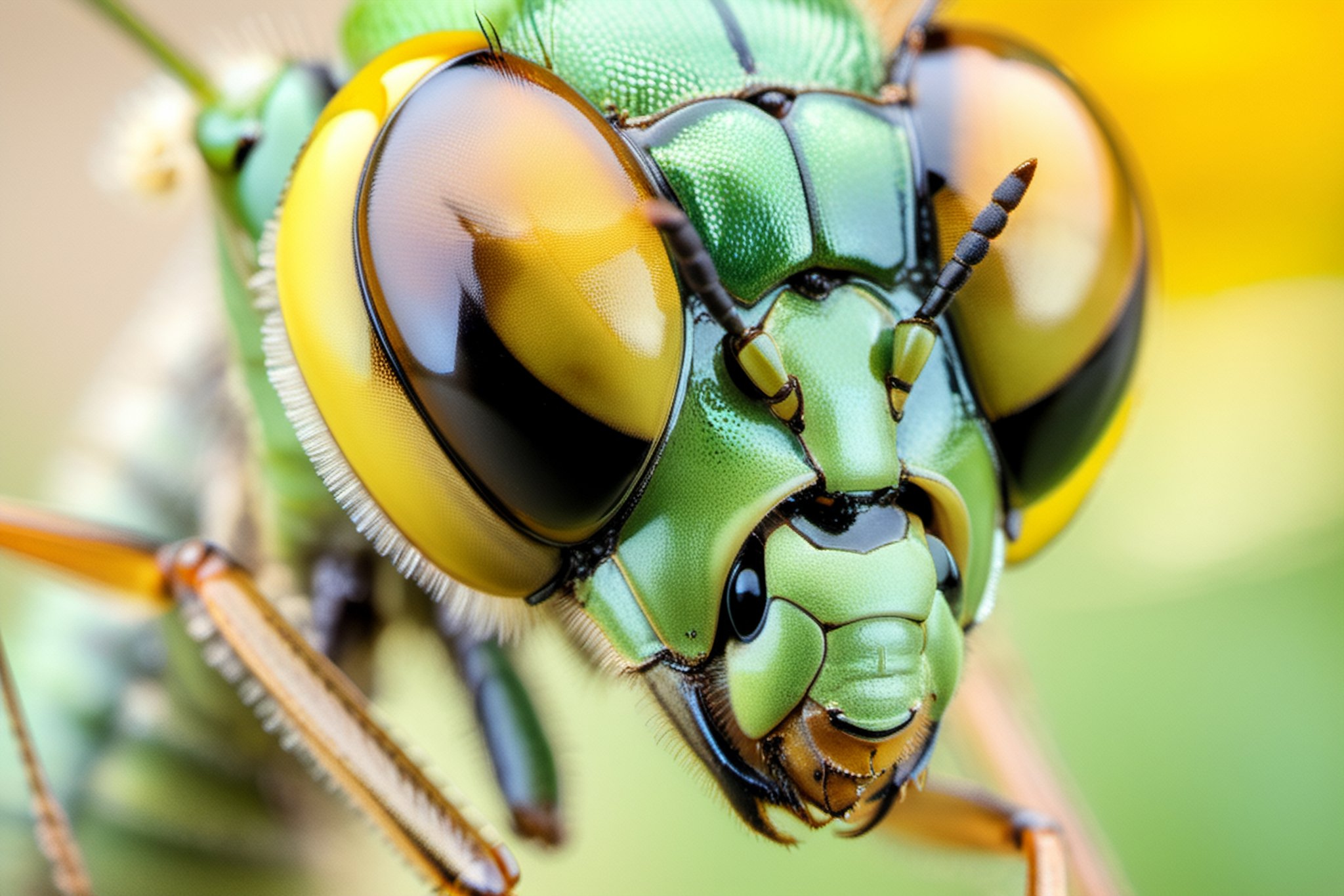 Macro Photography, a praying mantis head, highly detailed eyes, reflective eyes,(((the reflection of a bumble bee  in his eye))),close-up, macro 400mm, macro photography,steampunk style