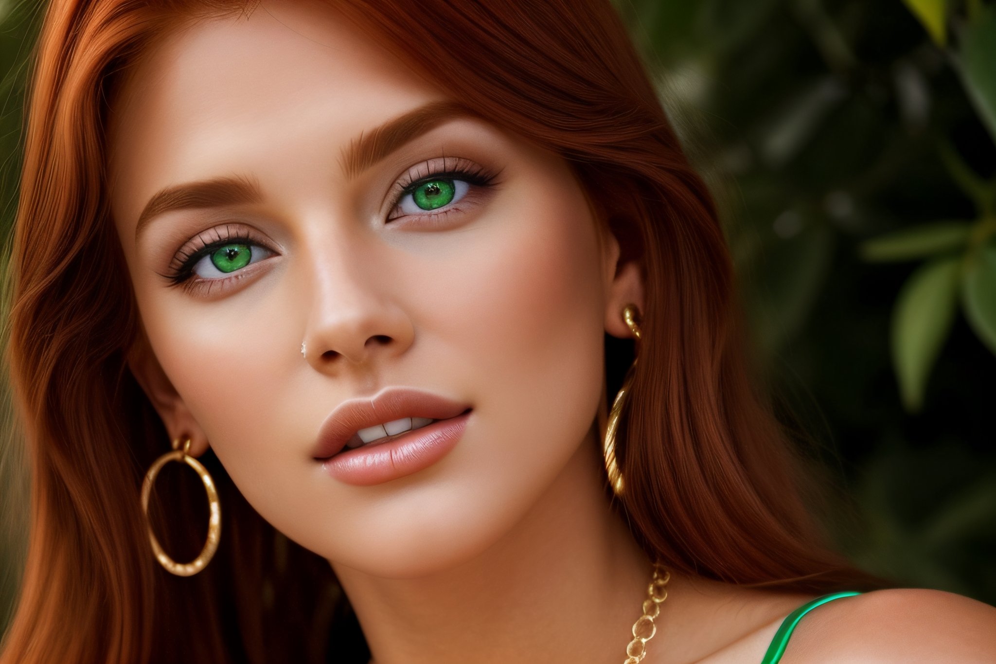 The most stunningly beautiful realistic (upper body:1.5) front facing photo of a incredibly sexy redhead female, sparkling detailed green eyes, Heavy golld jewlery, suductivly starring at veiwer, thin lips, upper teeth showing,prefect teeth, girl next door look, hyper detailed face and eyes,  