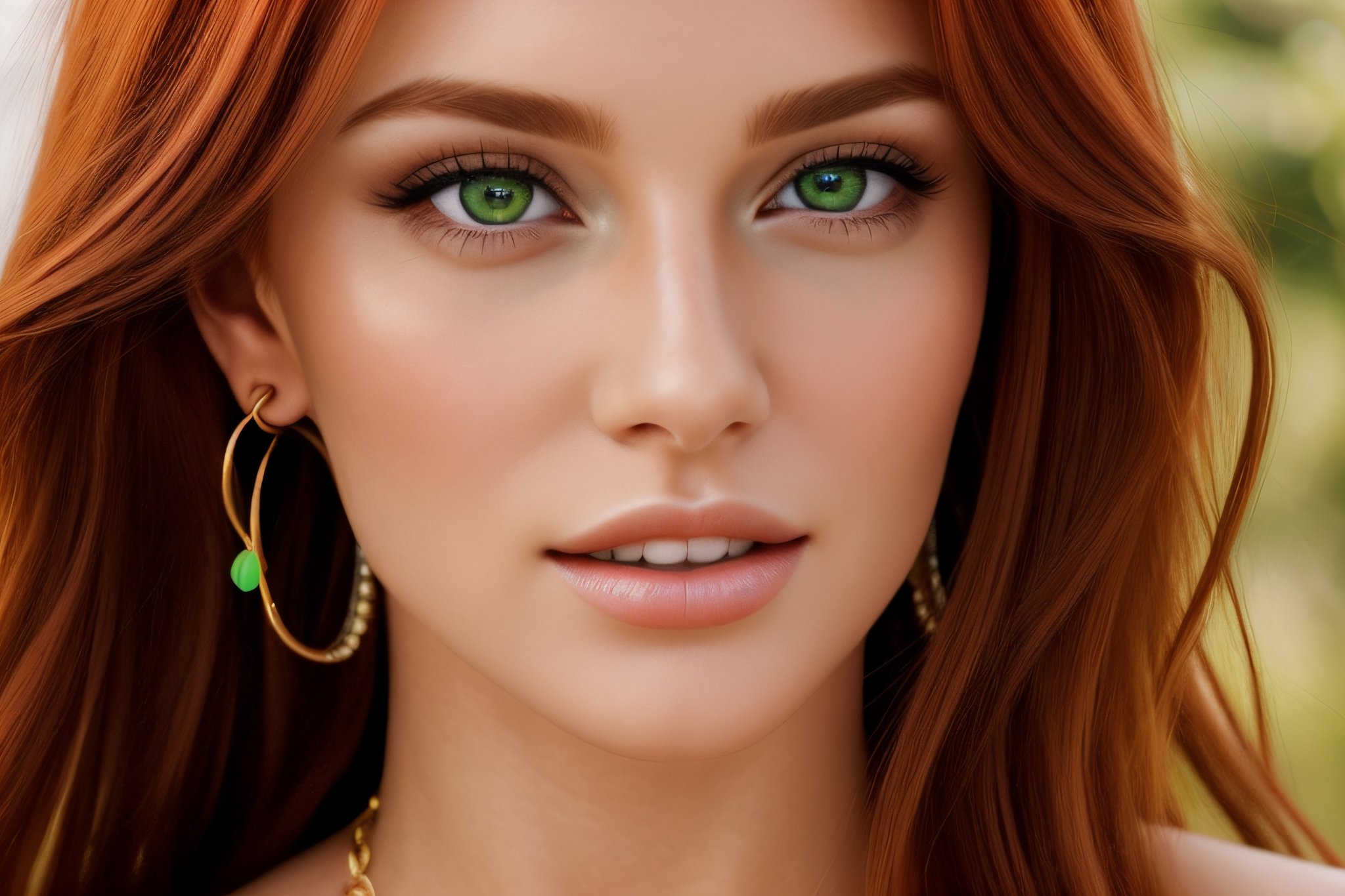 The most stunningly beautiful realistic (upper body:1.5) front facing photo of a incredibly sexy redhead female, sparkling detailed green eyes, Heavy golld jewlery, suductivly starring at veiwer, thin lips, upper teeth showing,prefect teeth, girl next door look, hyper detailed face and eyes,  