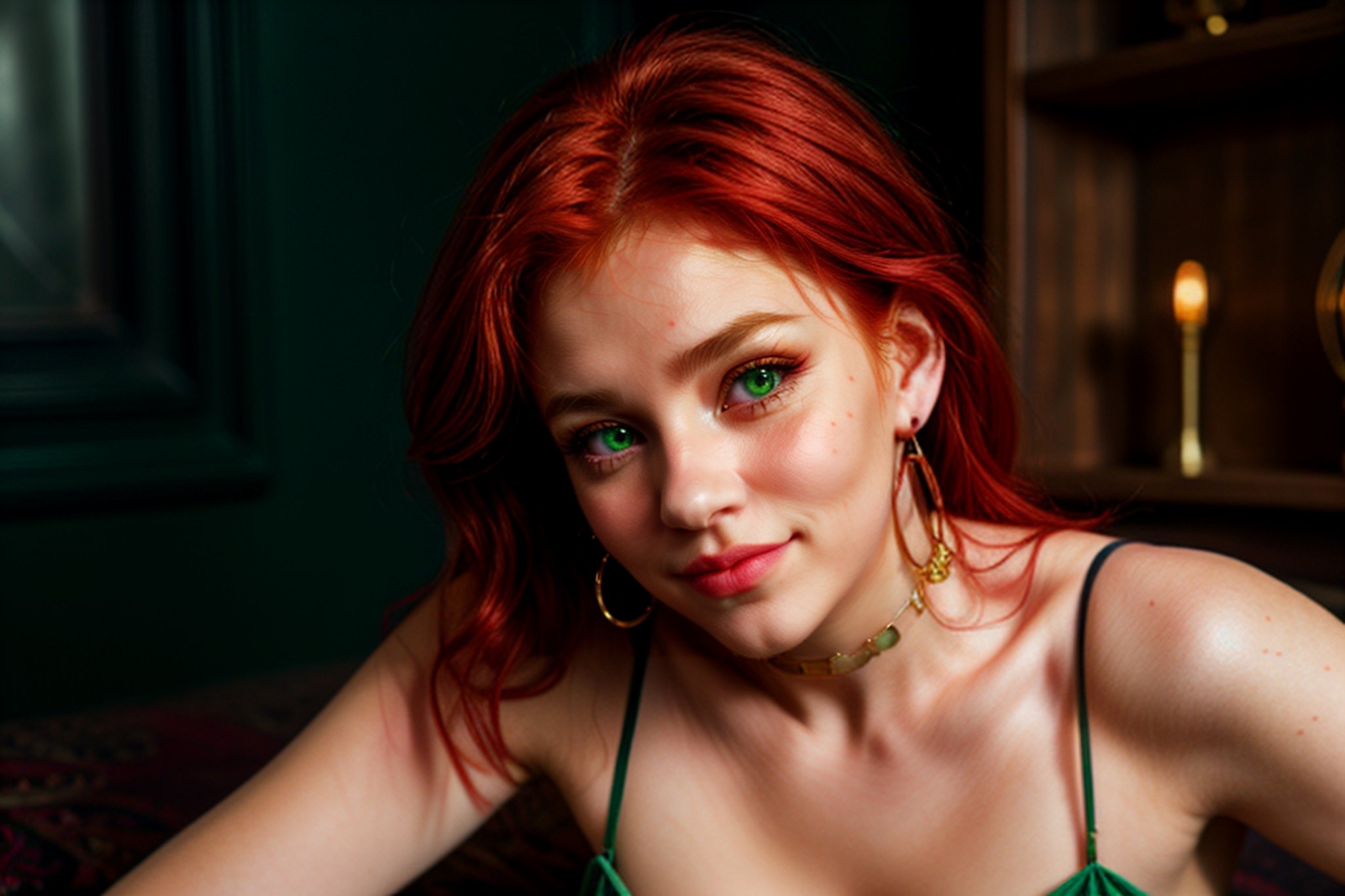 radiant realism,gothic,punk,cute girl 18 years, looking at viewer,light red hair,sparkling green eyes seductive smile, pouty full lips,long gold earrings,full body,ridingsexscene,perfecteyes