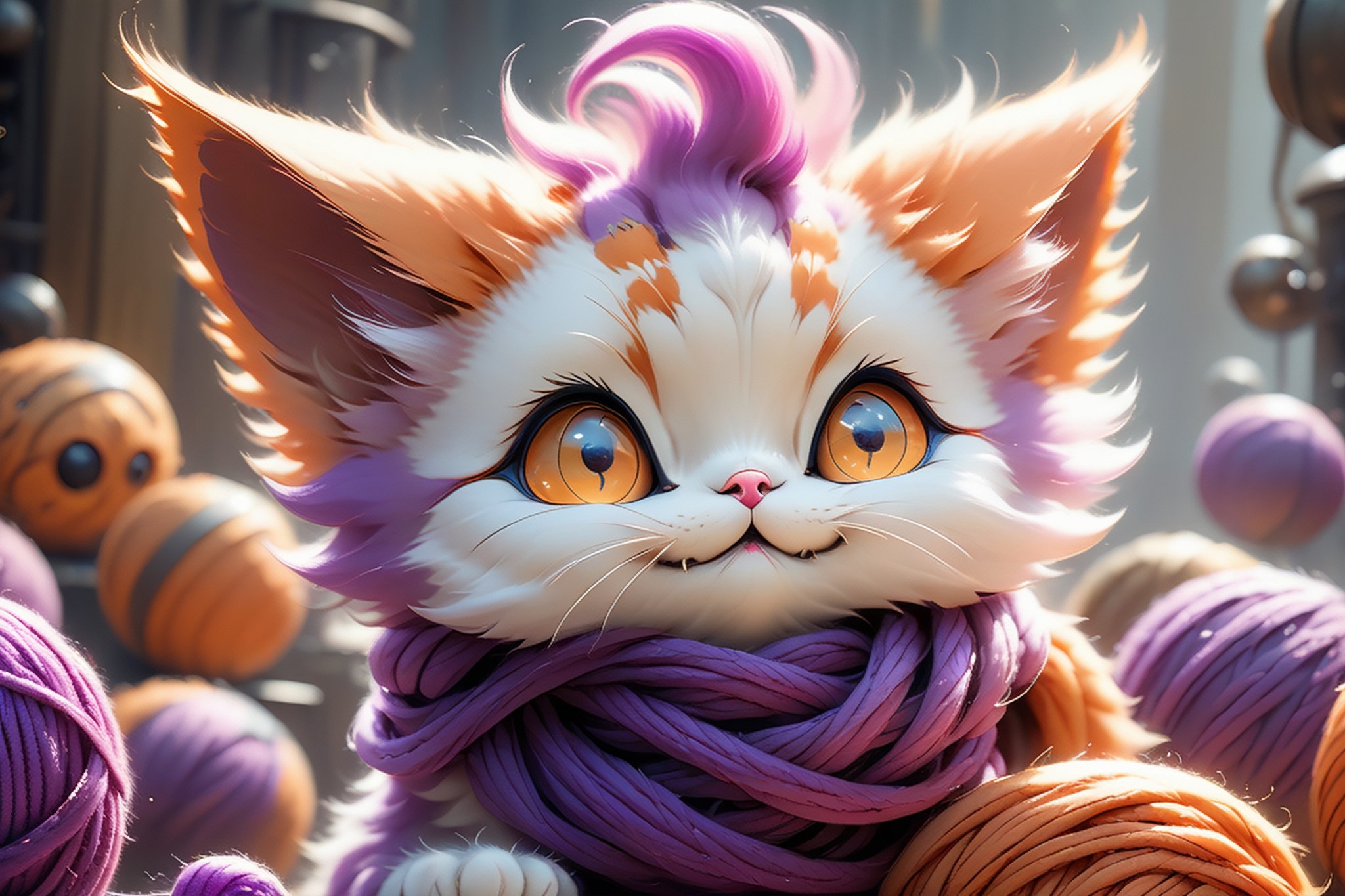 1purple and orange cat with long orange floppy ears, supper cute, white highly detailed eyes, large eyes, prepairing to attack a pile of balls of different coloured yarn,looking at veiwer,smiling with contemptment,steampunk style,cyberpunk style,Xxmix_Catecat