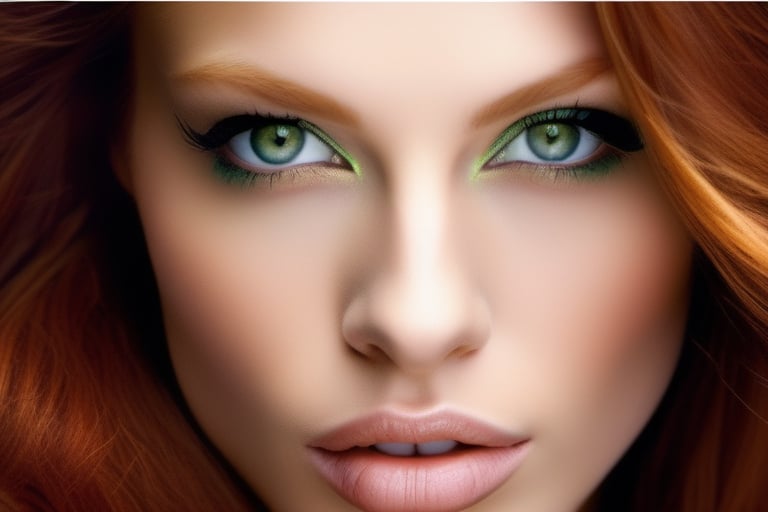 The most stunningly beautiful realistic upper body front facing photo of a incredibly sexy redhead female, sparkling detailed green eyes, suductivly starring at veiwer, thin lips, upper teeth showing,prefect teeth, girl next door look, hyper detailed face and eyes, ,photo of perfecteyes eyes,photo r3al