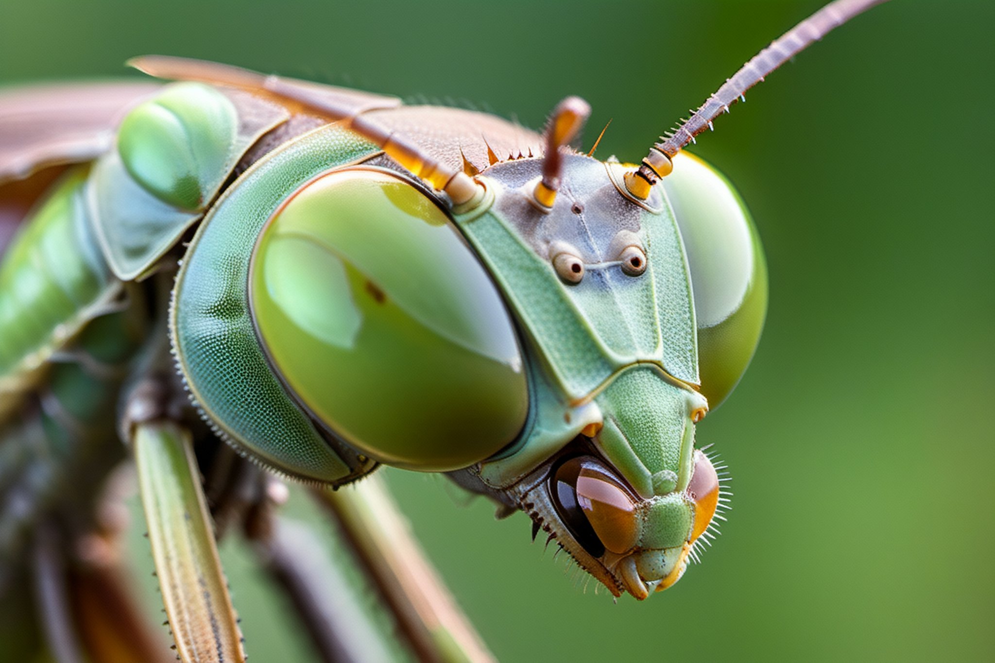 Macro Photography, a praying mantis head, highly detailed eyes, reflective eyes,close-up, macro 400mm, macro photography,steampunk style